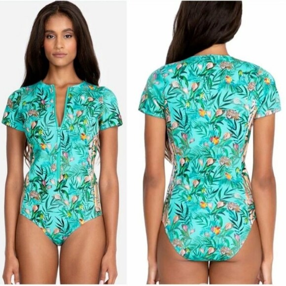 Johnny Was Taina Animal Tropical Neoprene Short Sleeve One-Piece Swimsuit Small - Picture 2 of 13